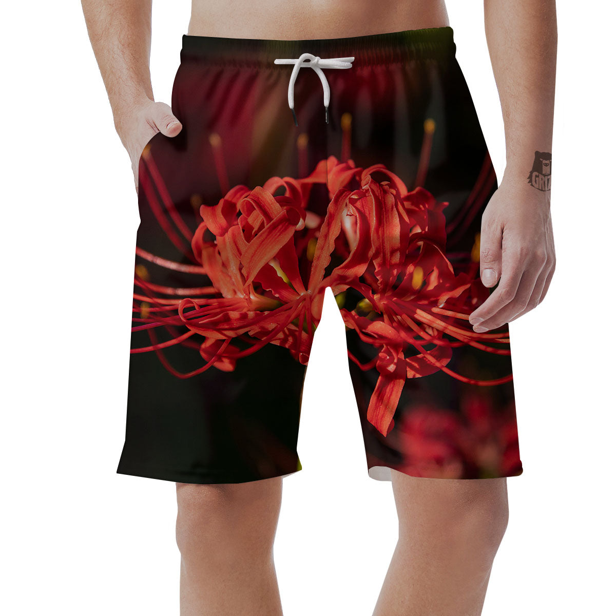 Amaryllis Red Japanese Print Men's Shorts-grizzshop