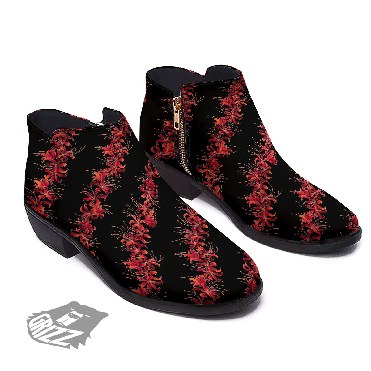 Amaryllis Red Japanese Print Pattern Ankle Boots-grizzshop