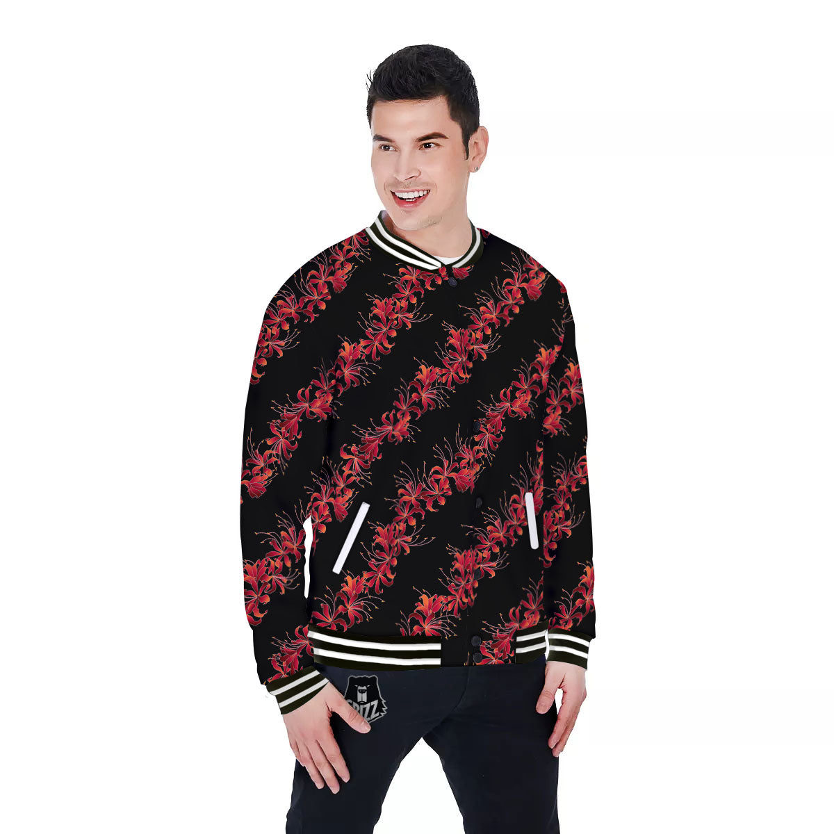 Amaryllis Red Japanese Print Pattern Baseball Jacket-grizzshop