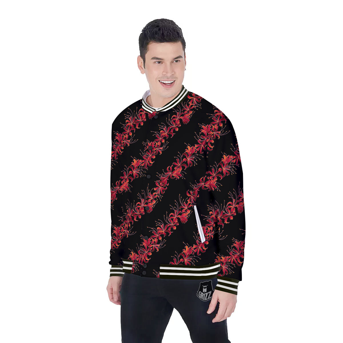 Amaryllis Red Japanese Print Pattern Baseball Jacket-grizzshop