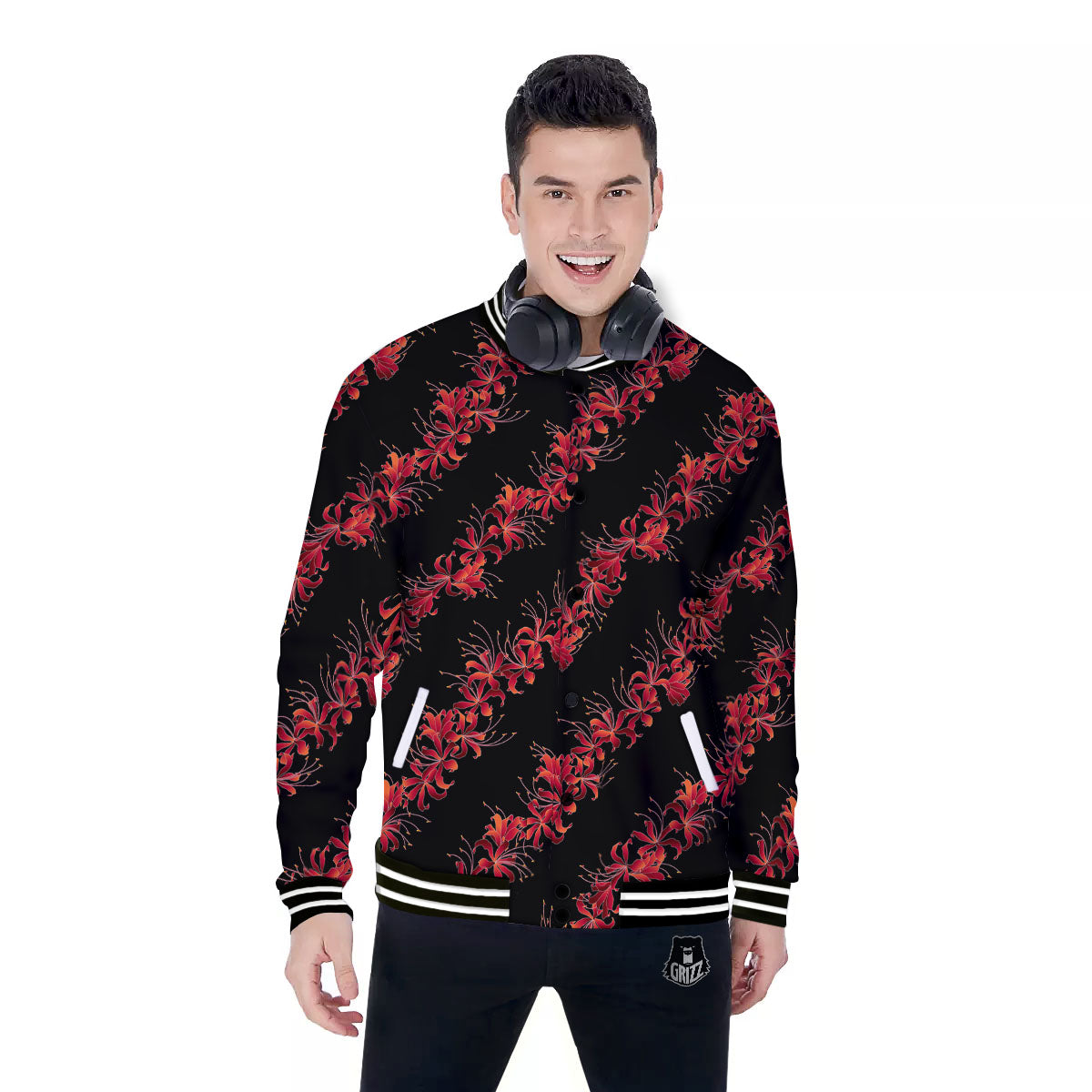 Amaryllis Red Japanese Print Pattern Baseball Jacket-grizzshop