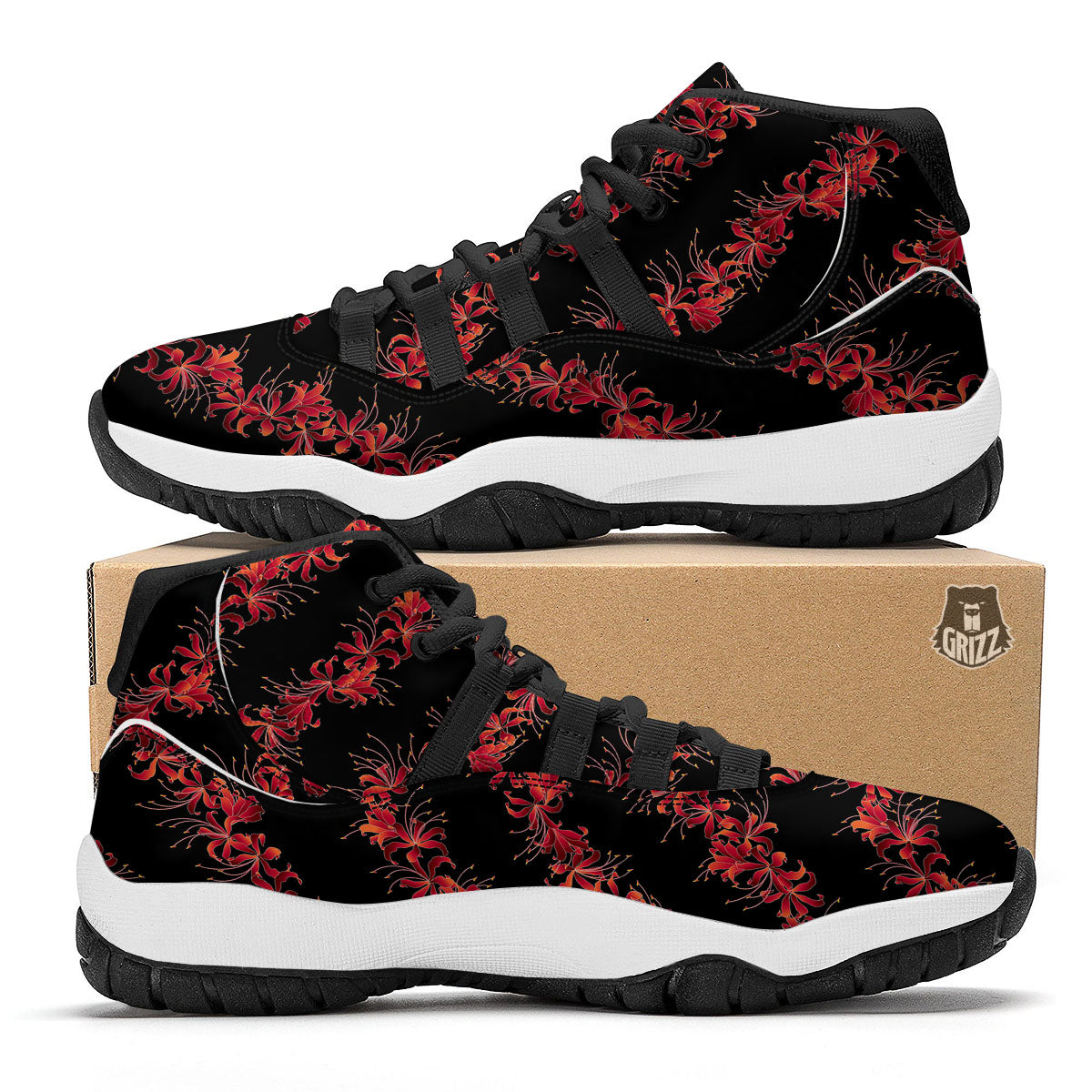 Amaryllis Red Japanese Print Pattern Black Bball Shoes-grizzshop