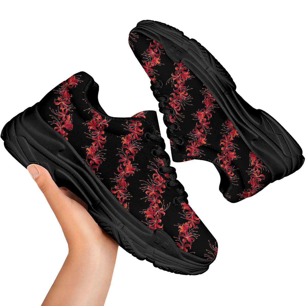 Amaryllis Red Japanese Print Pattern Black Chunky Shoes-grizzshop