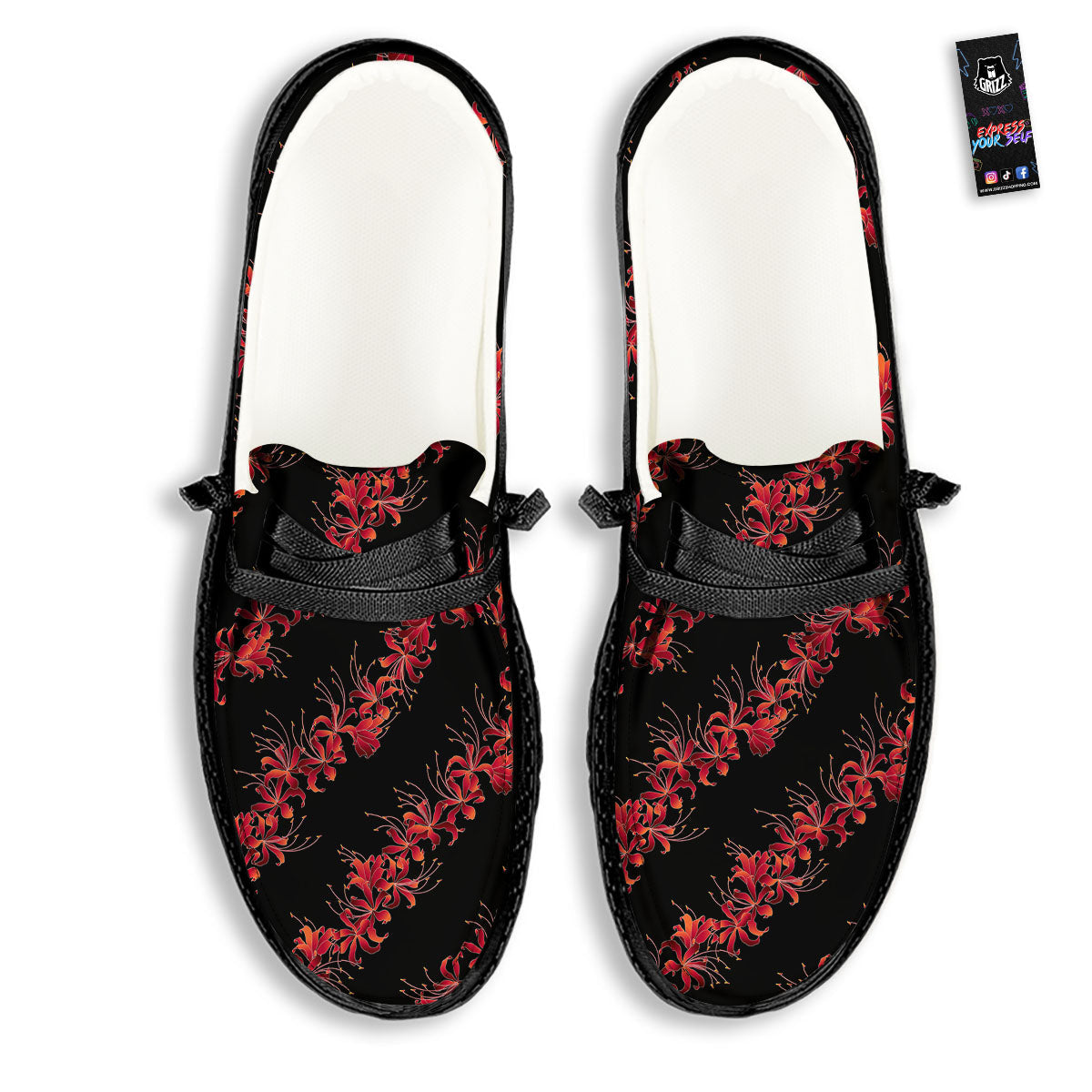 Amaryllis Red Japanese Print Pattern Black Loafers-grizzshop