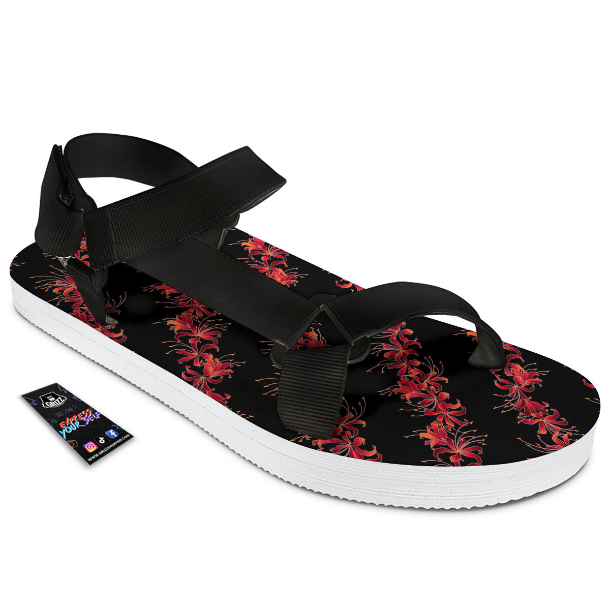 Amaryllis Red Japanese Print Pattern Black Open Toe Sandals-grizzshop