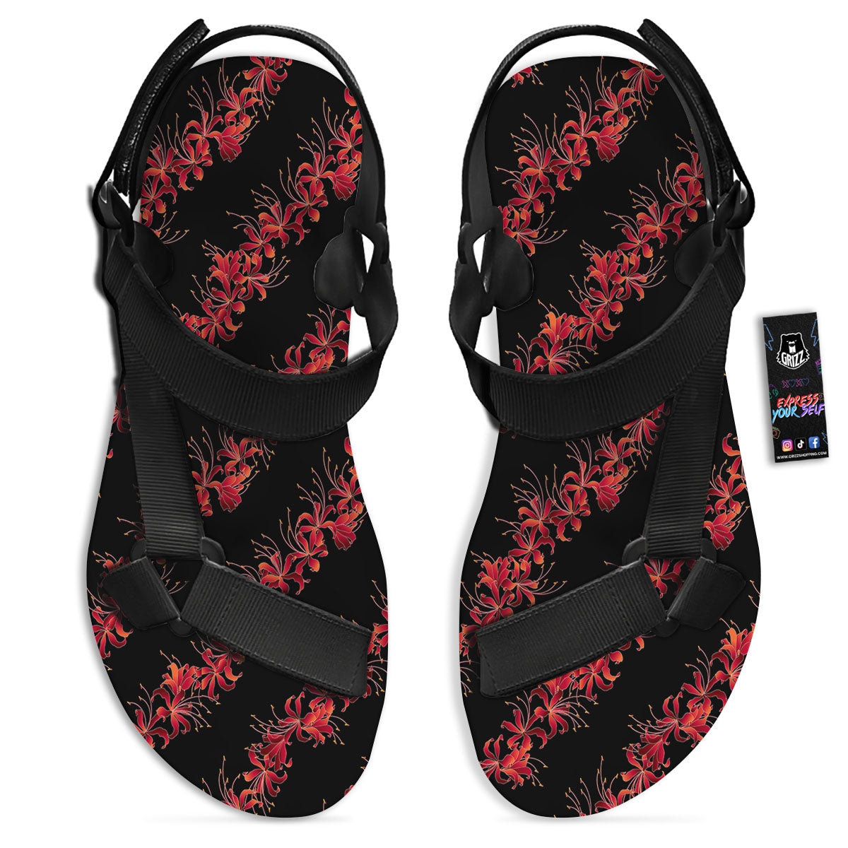 Amaryllis Red Japanese Print Pattern Black Open Toe Sandals-grizzshop