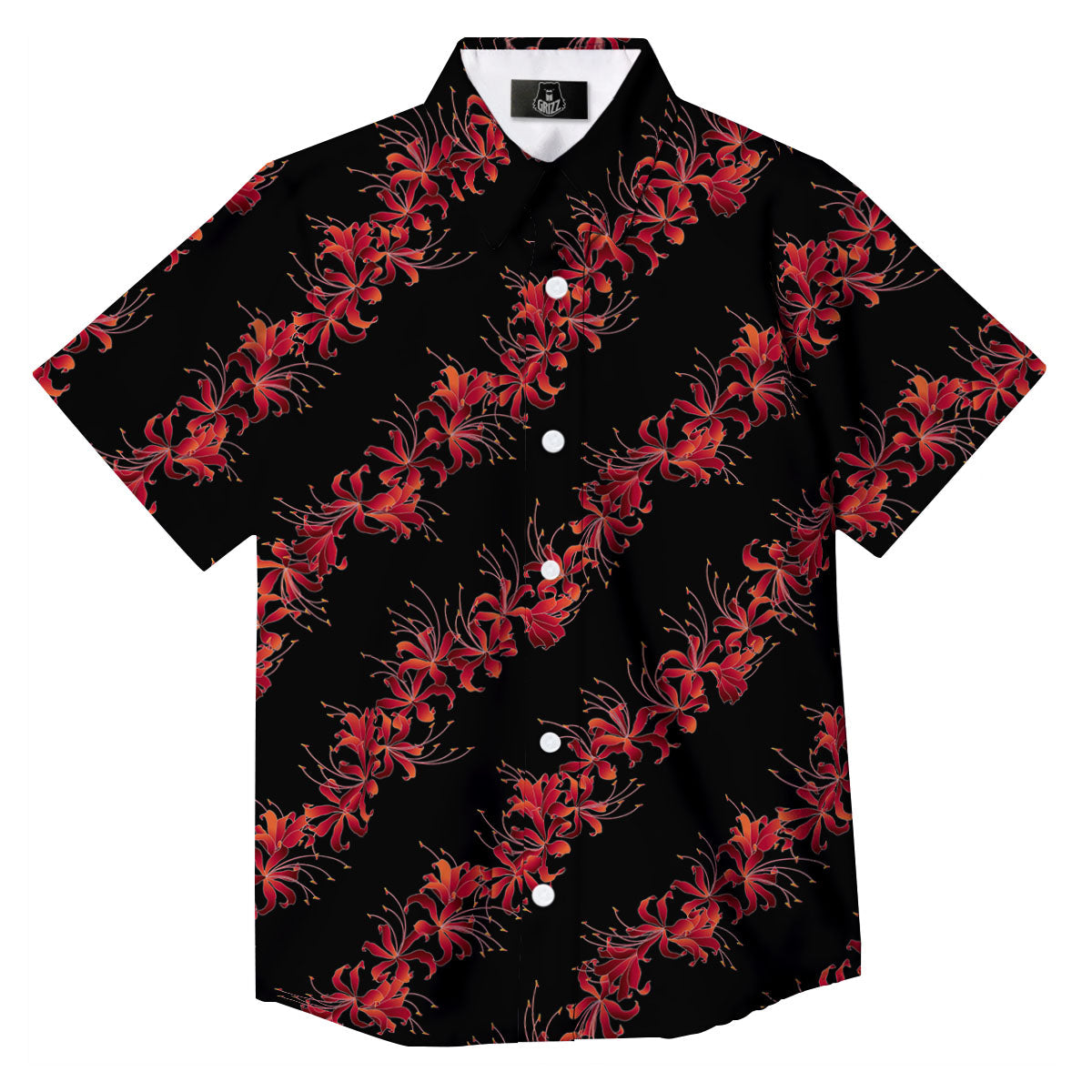 Amaryllis Red Japanese Print Pattern Button Up Shirt-grizzshop