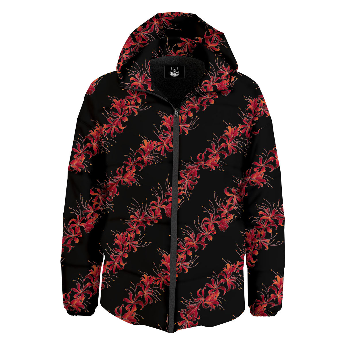 Amaryllis Red Japanese Print Pattern Down Jacket-grizzshop