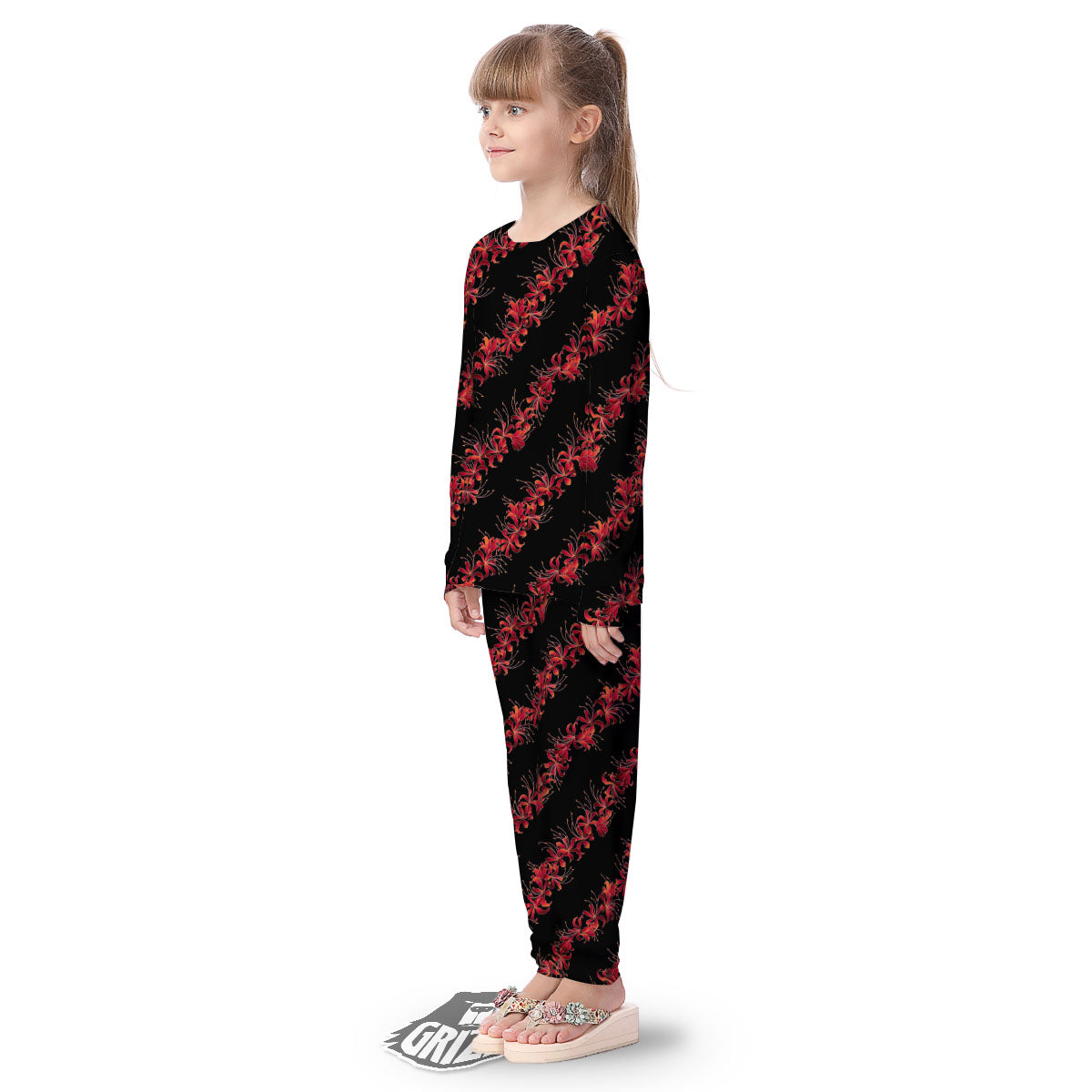 Amaryllis Red Japanese Print Pattern Kid's Pajamas-grizzshop