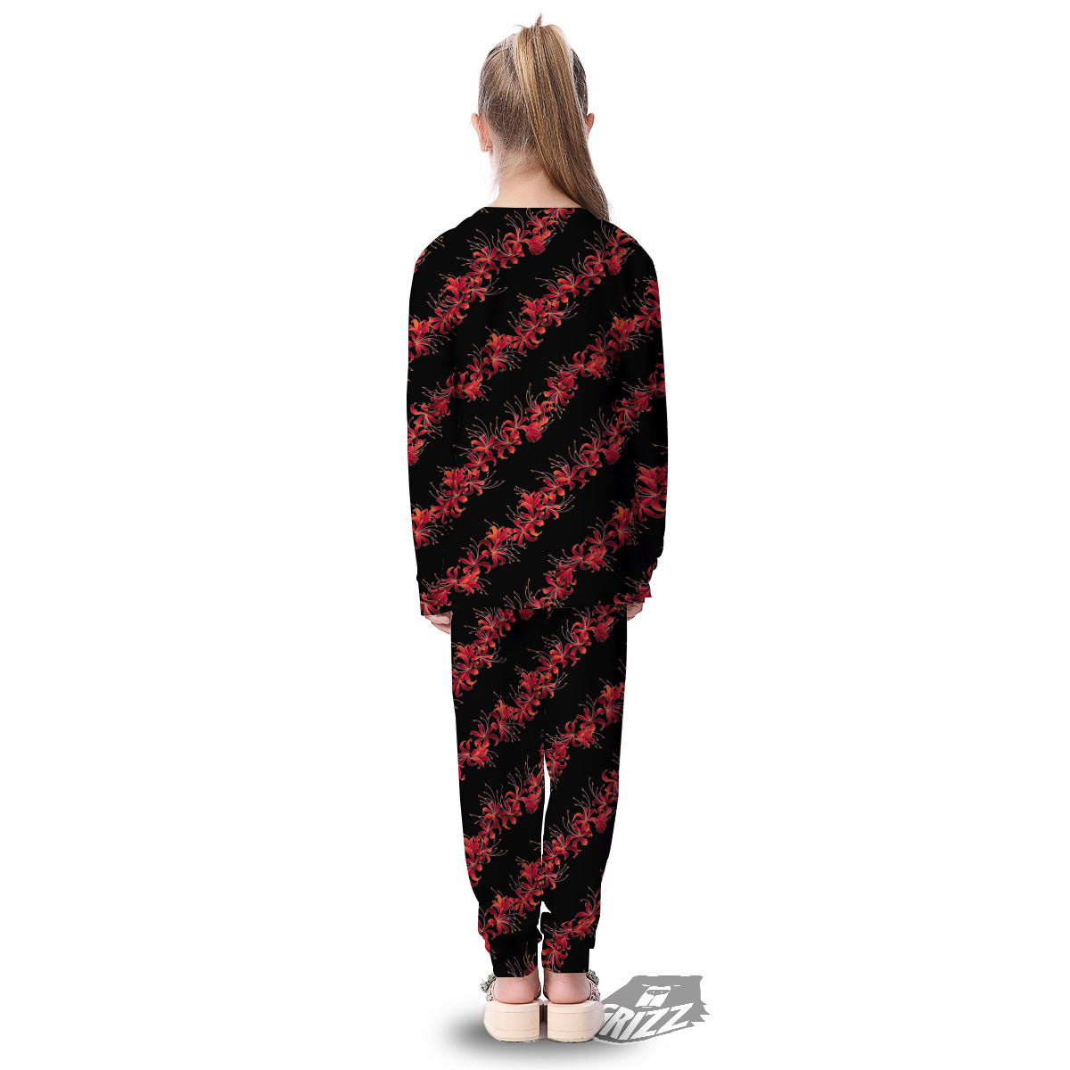 Amaryllis Red Japanese Print Pattern Kid's Pajamas-grizzshop