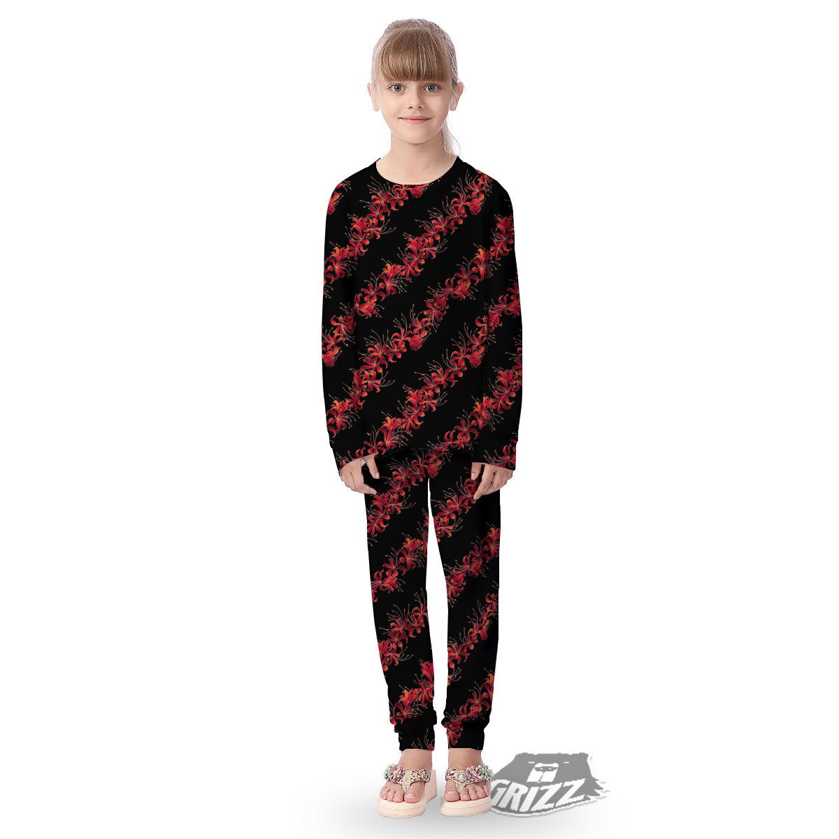 Amaryllis Red Japanese Print Pattern Kid's Pajamas-grizzshop