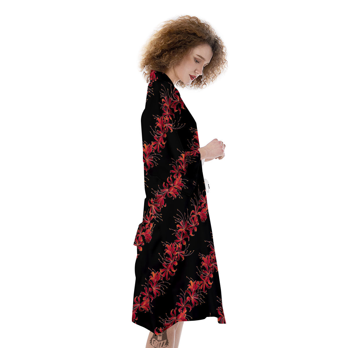Amaryllis Red Japanese Print Pattern Kimono-grizzshop