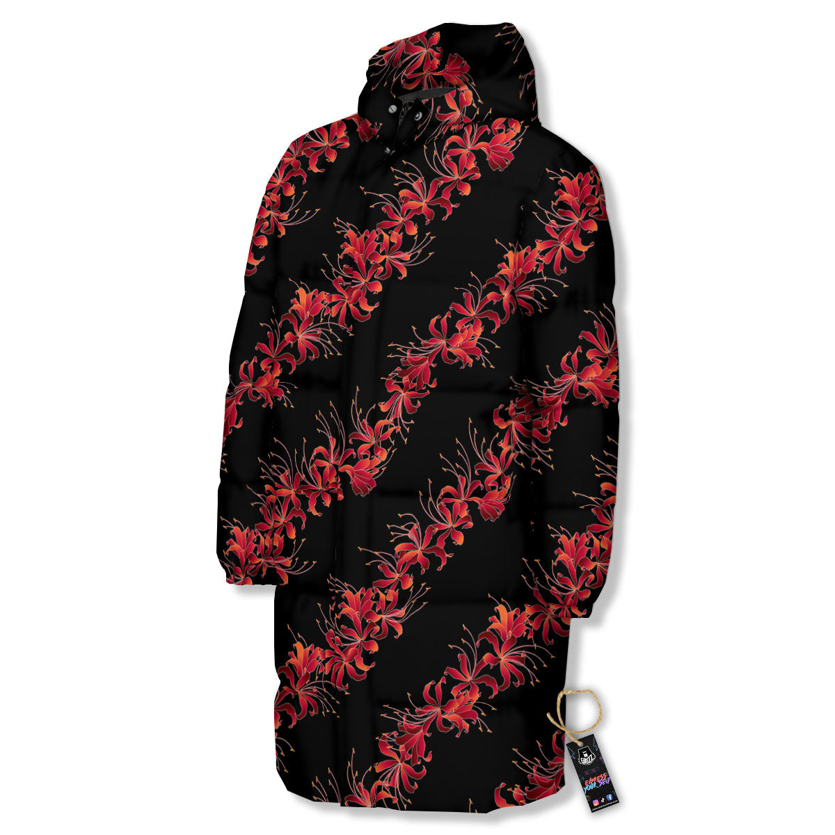Amaryllis Red Japanese Print Pattern Long Down Jacket-grizzshop