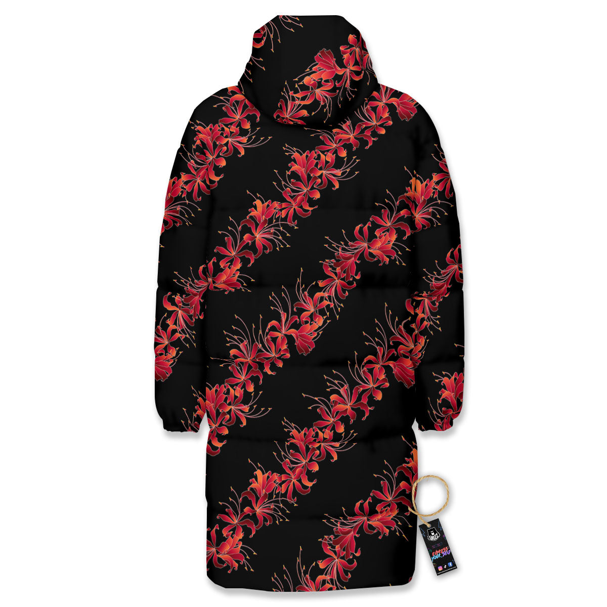 Amaryllis Red Japanese Print Pattern Long Down Jacket-grizzshop