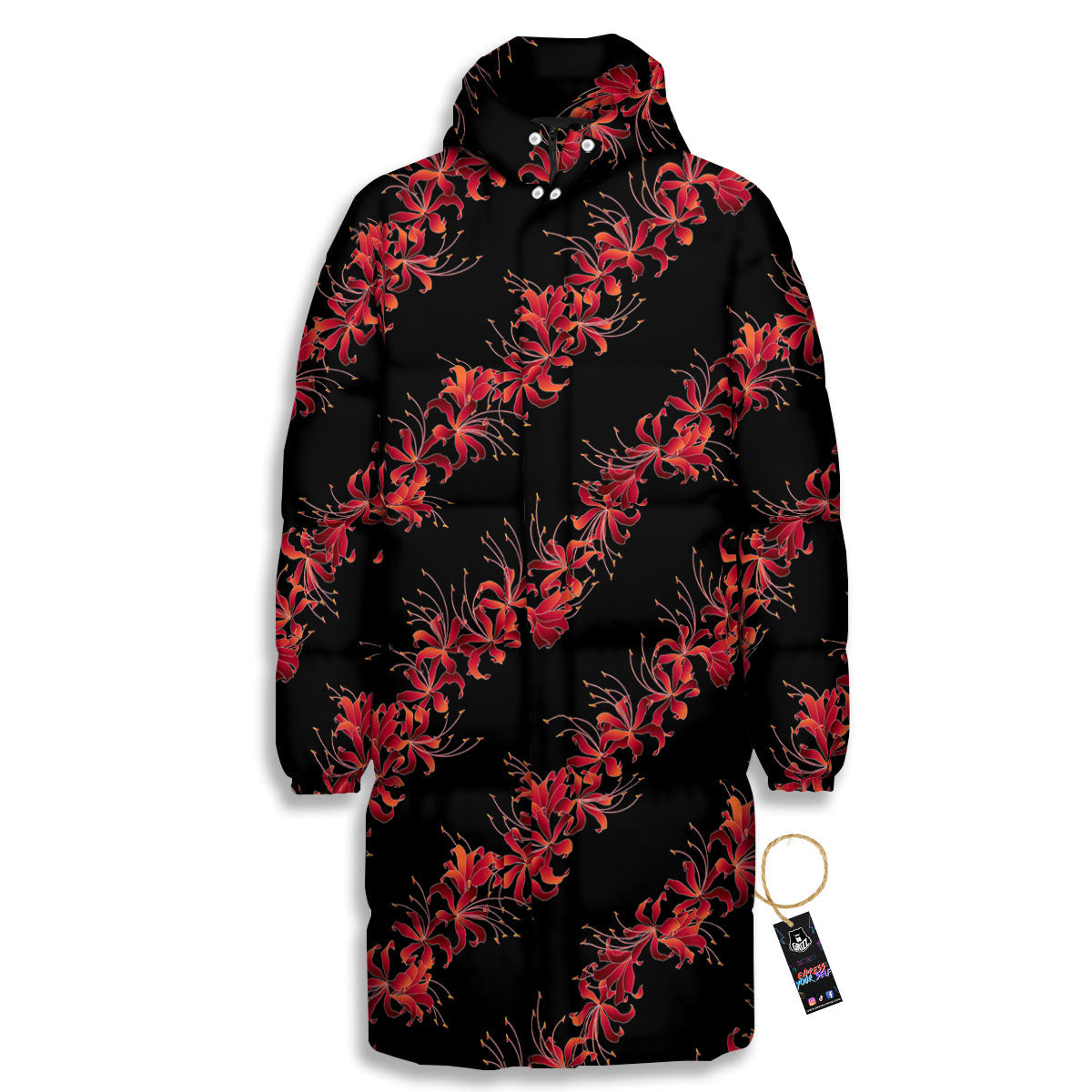 Amaryllis Red Japanese Print Pattern Long Down Jacket-grizzshop