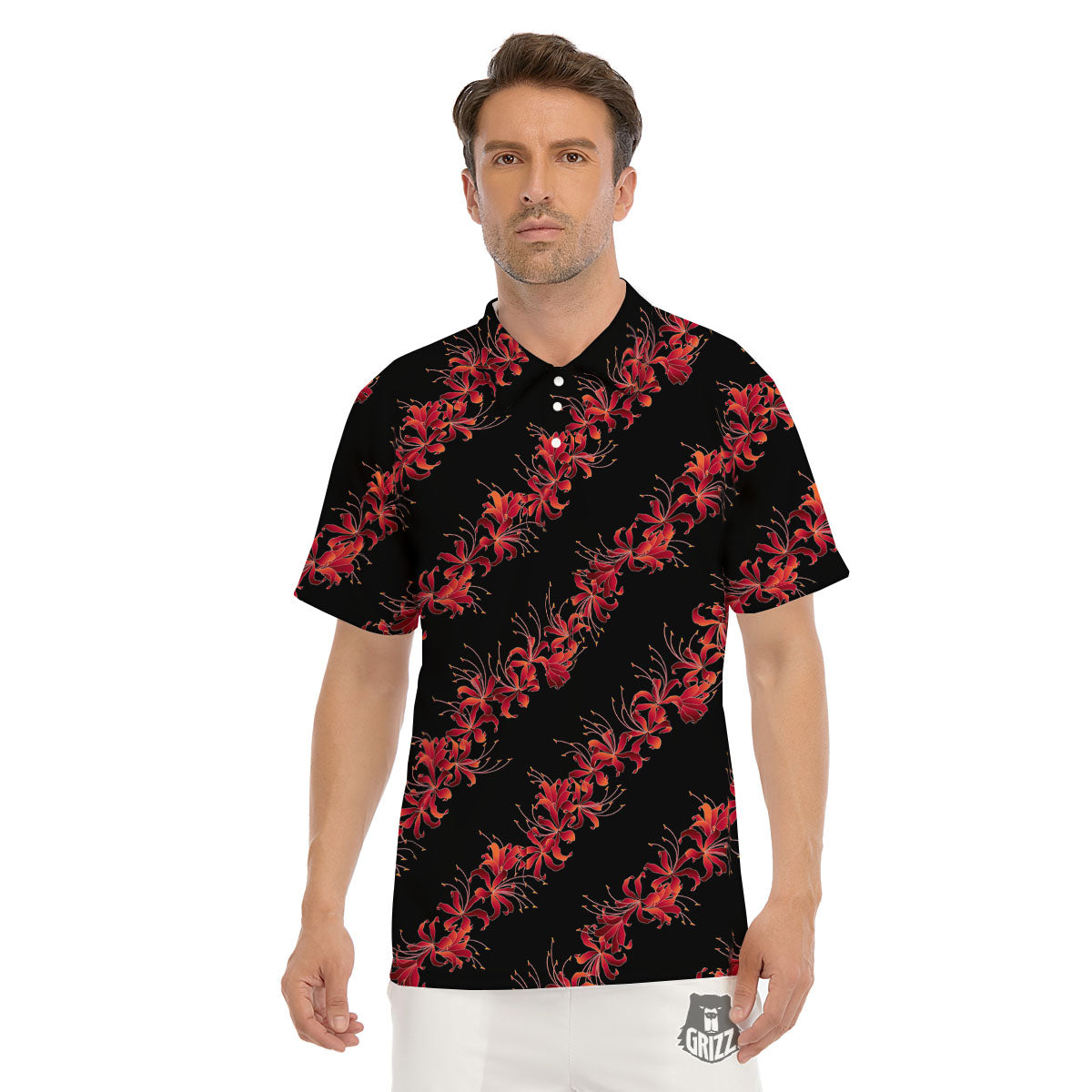 Amaryllis Red Japanese Print Pattern Men's Golf Shirts-grizzshop