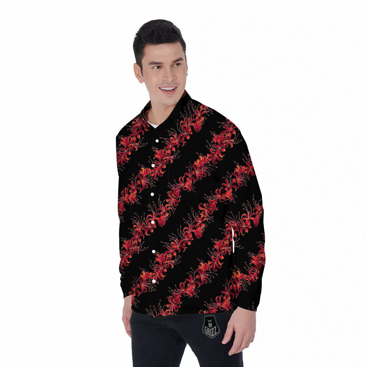 Amaryllis Red Japanese Print Pattern Men's Long Sleeve Shirts-grizzshop