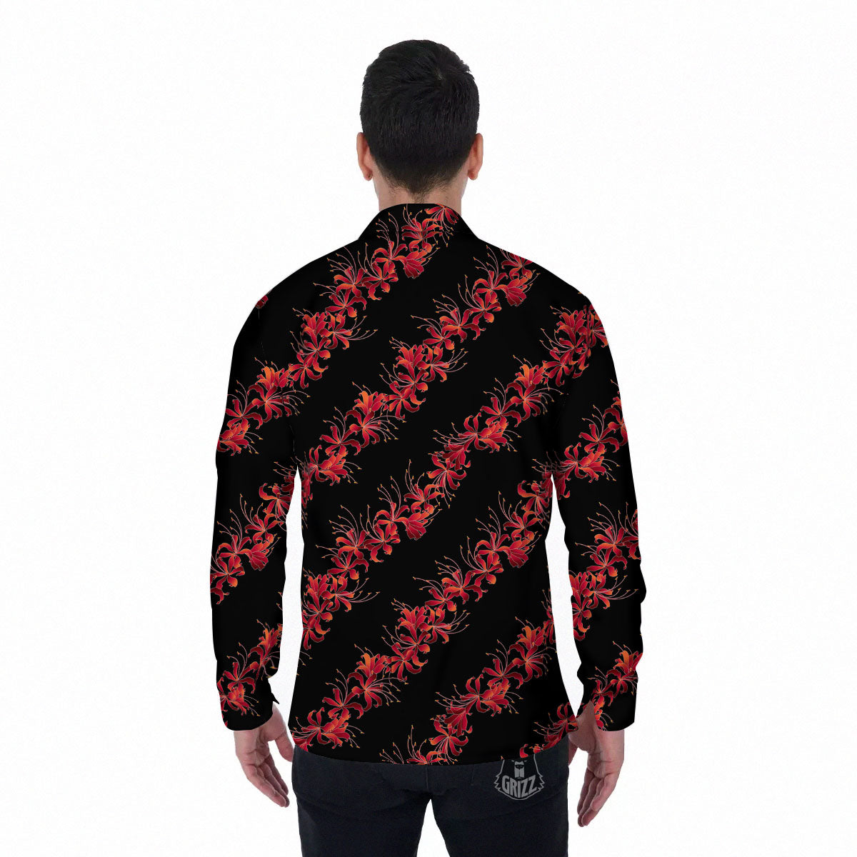 Amaryllis Red Japanese Print Pattern Men's Long Sleeve Shirts-grizzshop