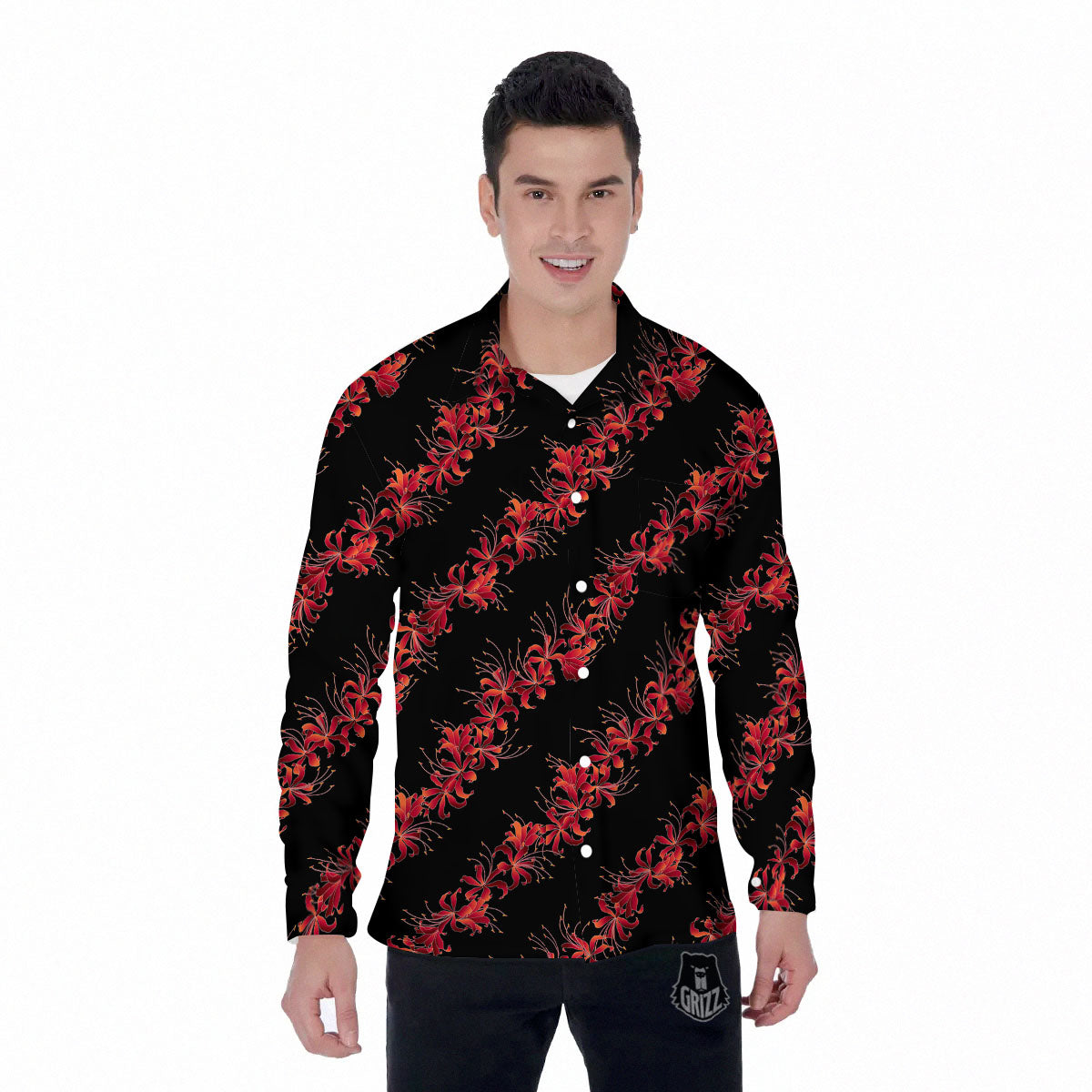 Amaryllis Red Japanese Print Pattern Men's Long Sleeve Shirts-grizzshop