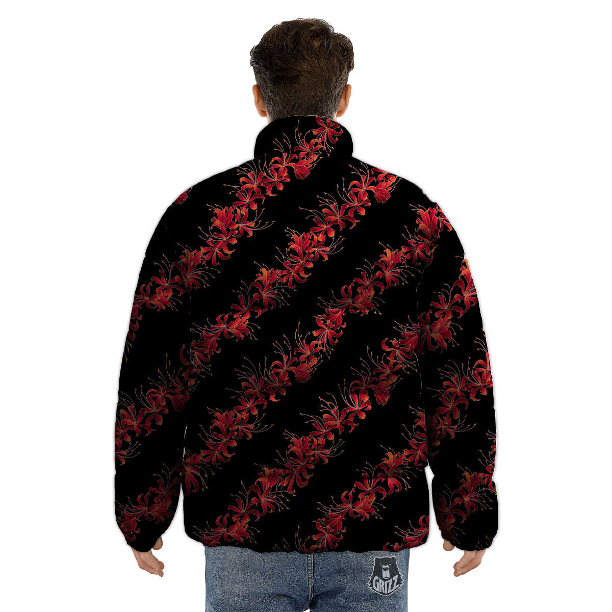 Amaryllis Red Japanese Print Pattern Puffer Jacket-grizzshop