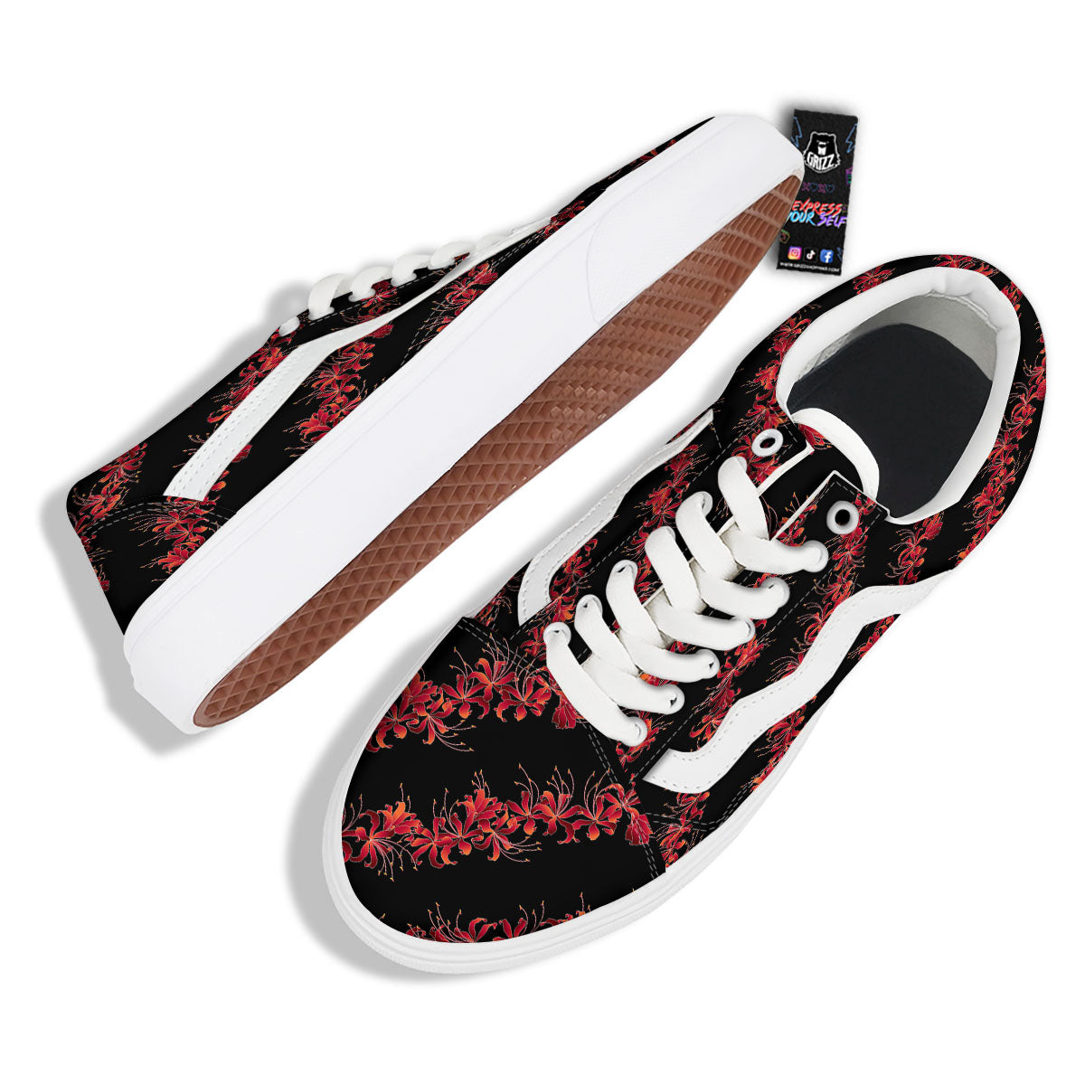 Amaryllis Red Japanese Print Pattern Skate Shoes-grizzshop