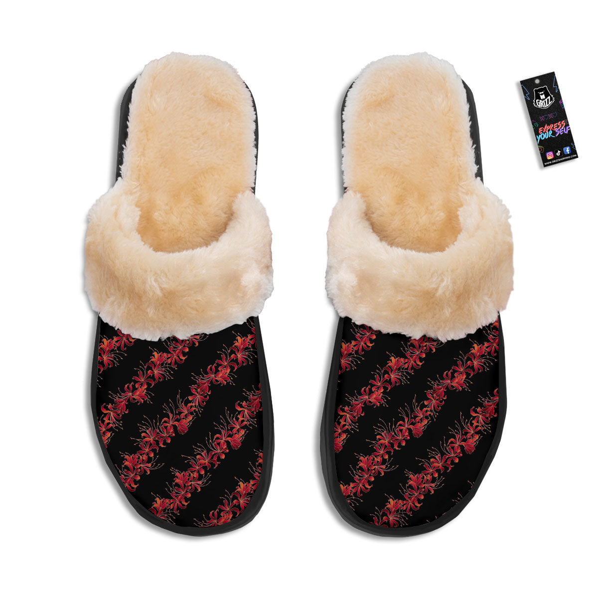 Amaryllis Red Japanese Print Pattern Slippers-grizzshop