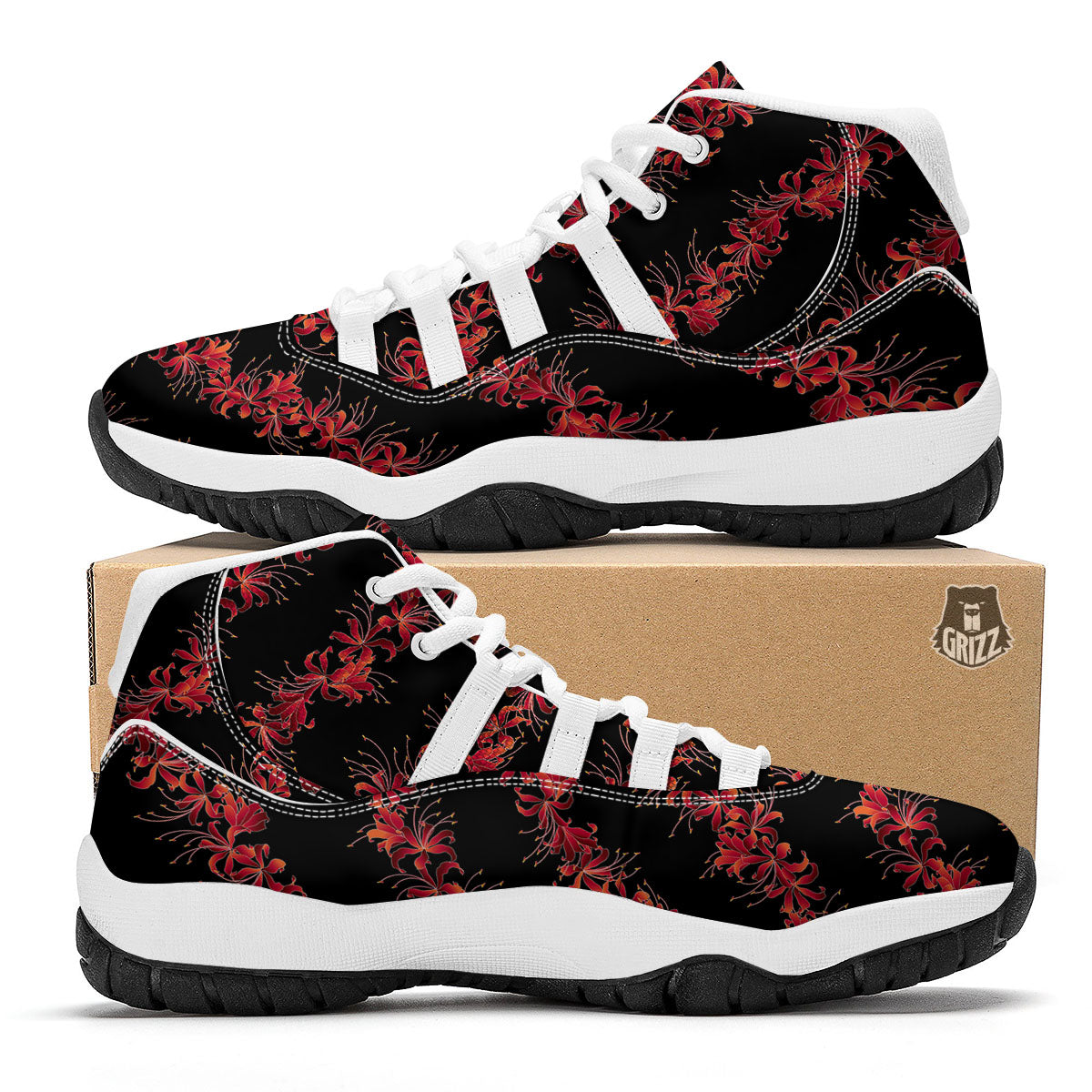 Amaryllis Red Japanese Print Pattern White Bball Shoes-grizzshop