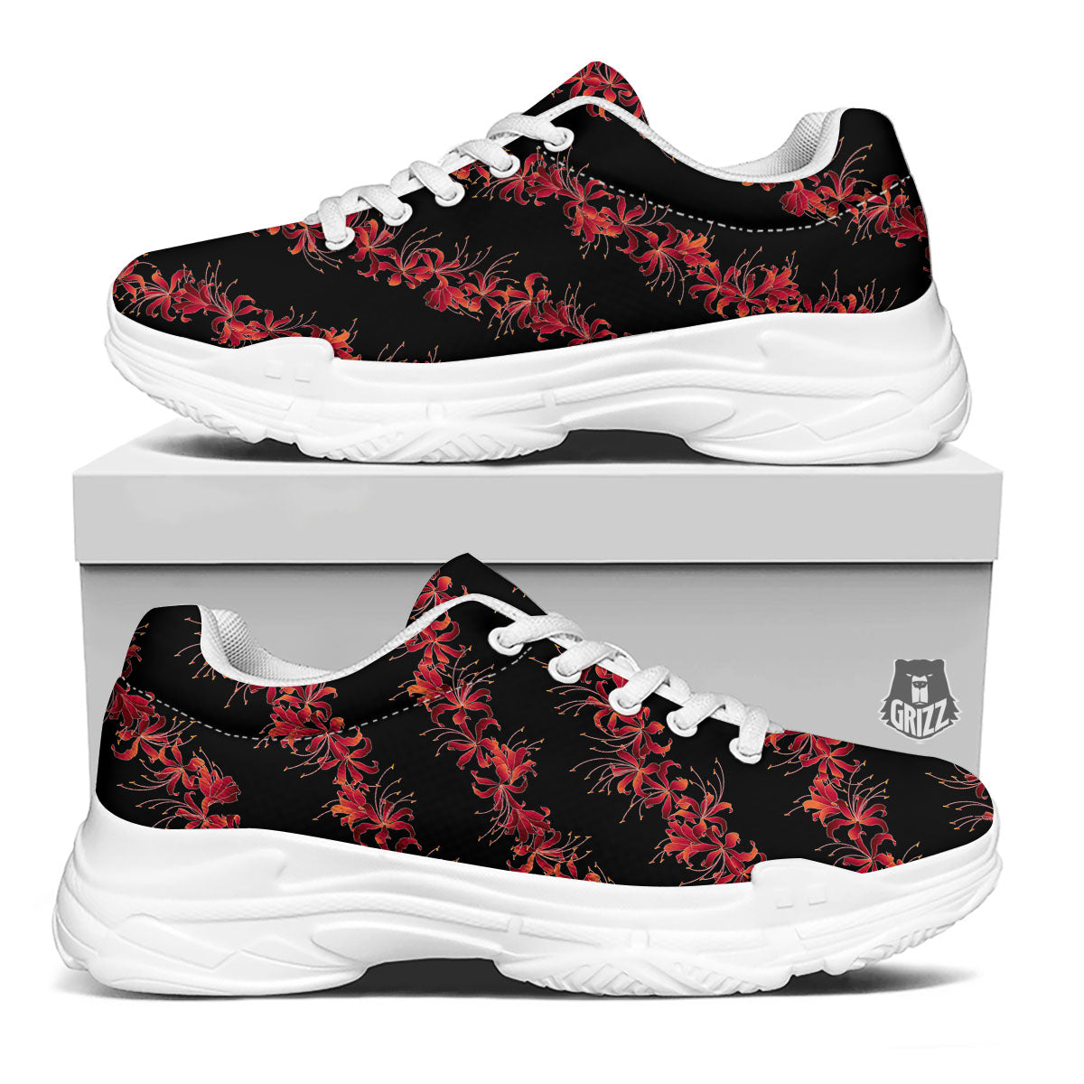 Amaryllis Red Japanese Print Pattern White Chunky Shoes-grizzshop