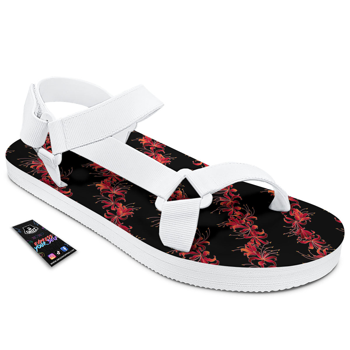 Amaryllis Red Japanese Print Pattern White Open Toe Sandals-grizzshop