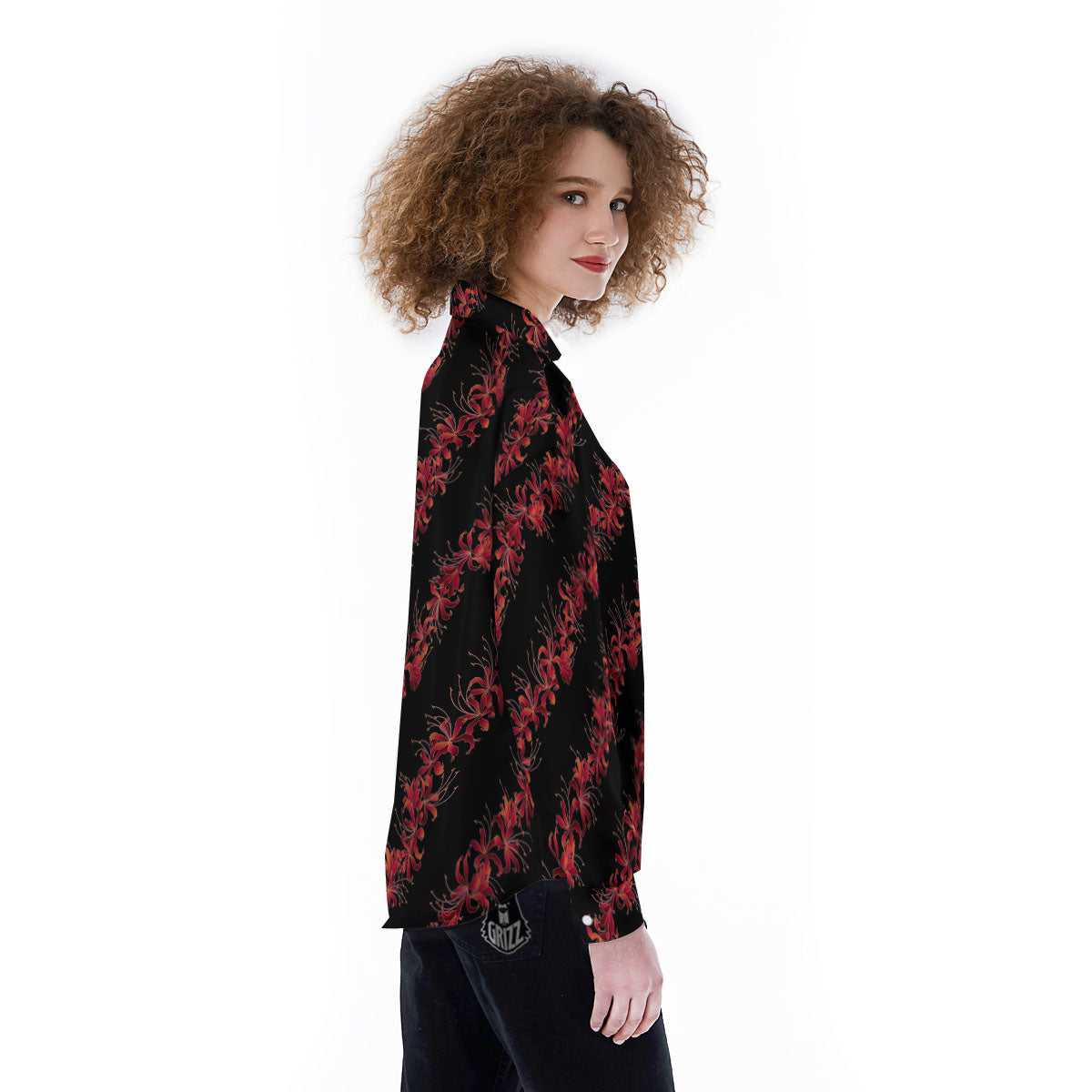 Amaryllis Red Japanese Print Pattern Women's Long Sleeve Shirts-grizzshop
