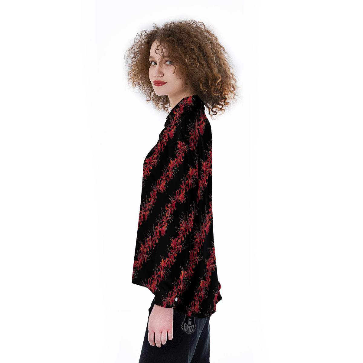 Amaryllis Red Japanese Print Pattern Women's Long Sleeve Shirts-grizzshop