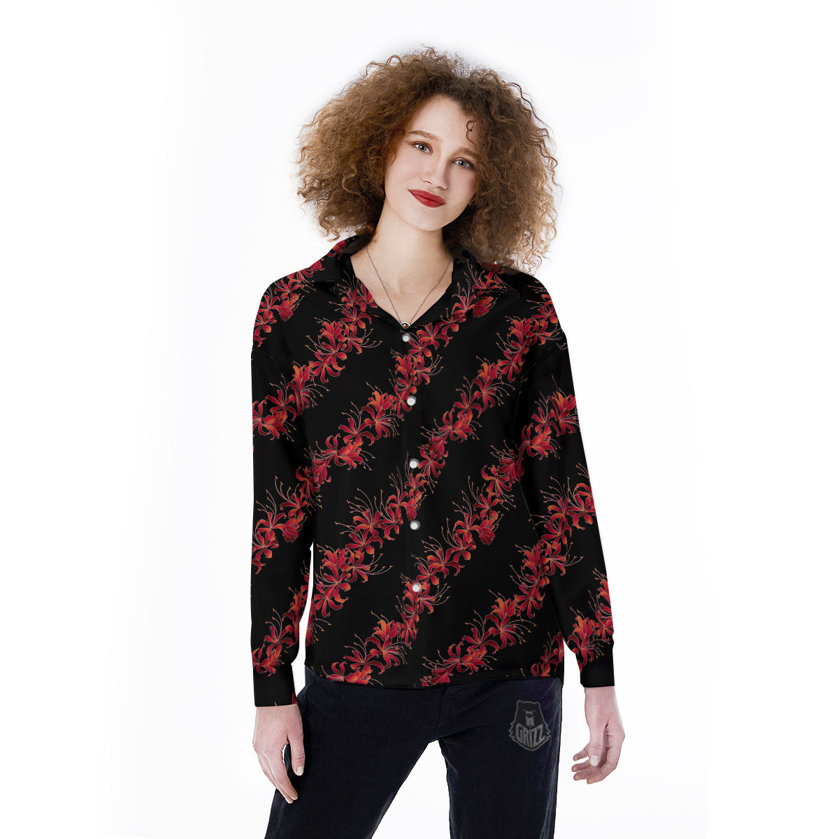 Amaryllis Red Japanese Print Pattern Women's Long Sleeve Shirts-grizzshop