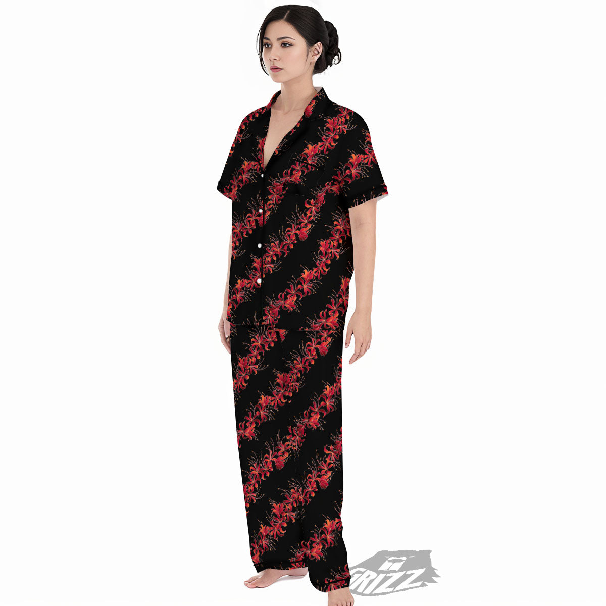 Amaryllis Red Japanese Print Pattern Women's Pajamas Set-grizzshop