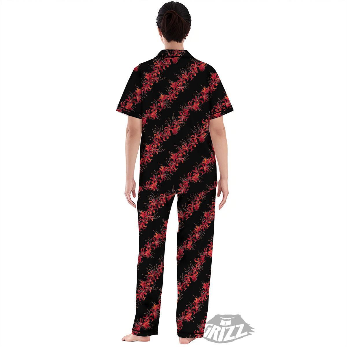 Amaryllis Red Japanese Print Pattern Women's Pajamas Set-grizzshop
