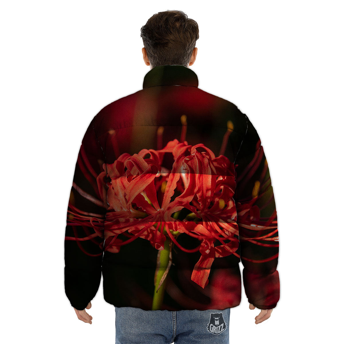 Amaryllis Red Japanese Print Puffer Jacket-grizzshop