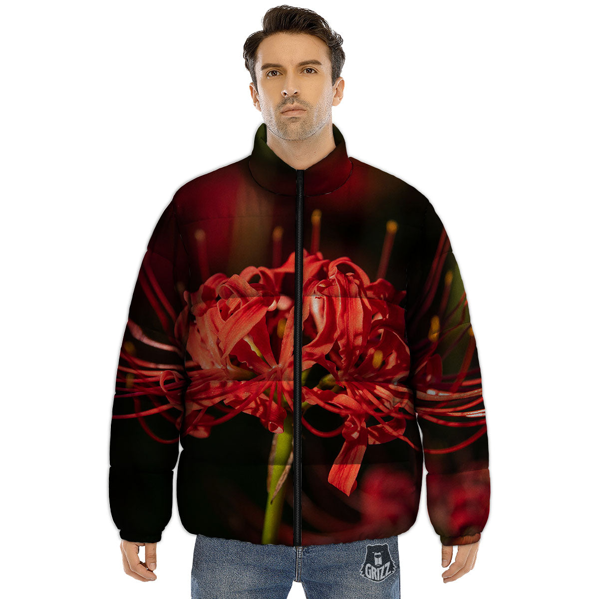 Amaryllis Red Japanese Print Puffer Jacket-grizzshop