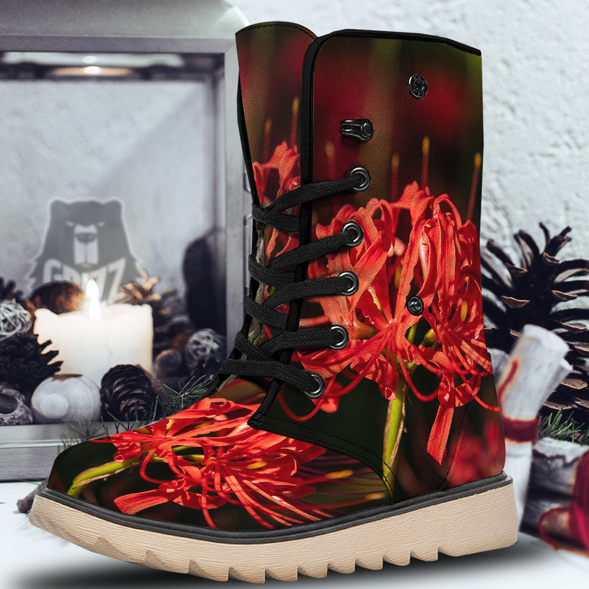 Amaryllis Red Japanese Print Snow Boots-grizzshop