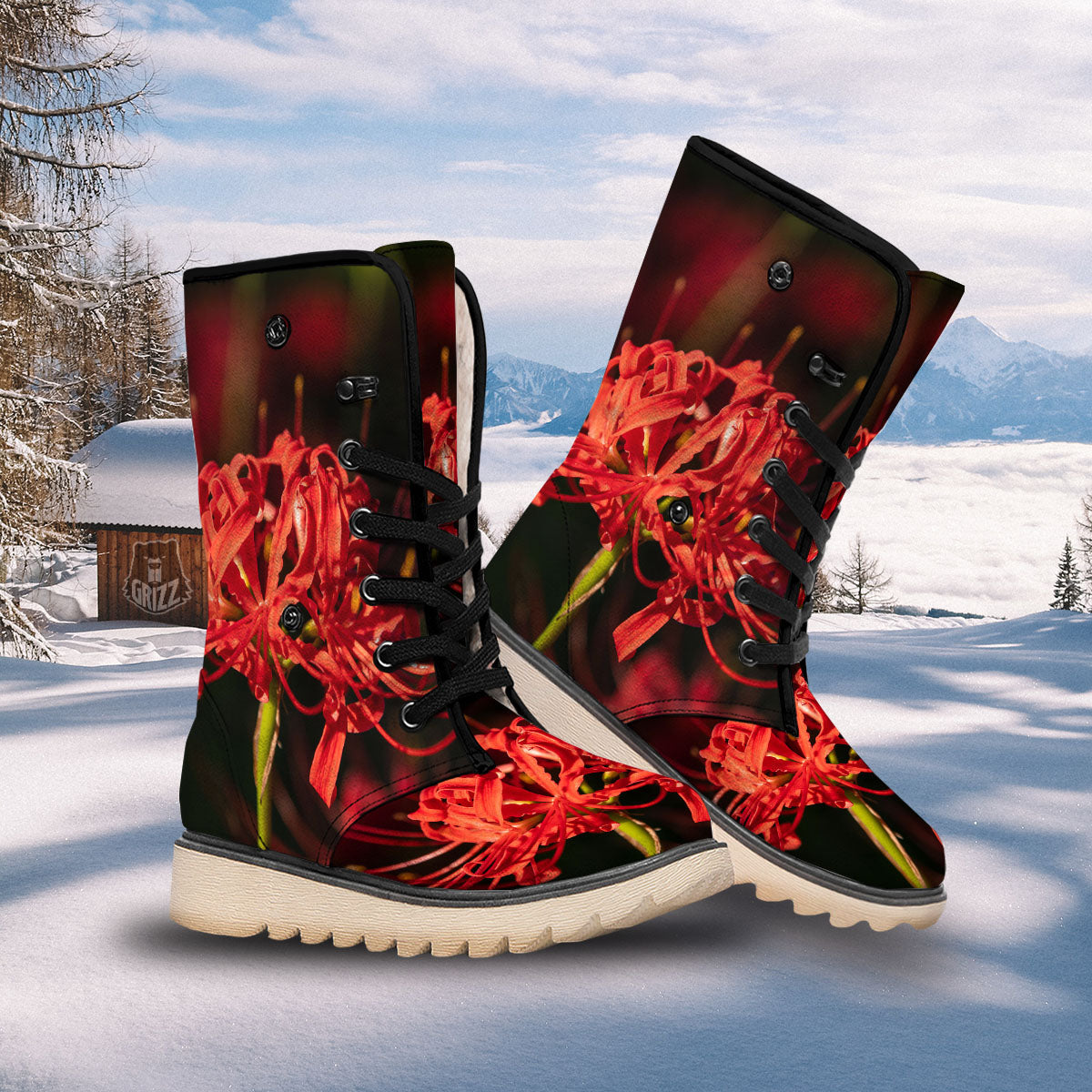 Amaryllis Red Japanese Print Snow Boots-grizzshop