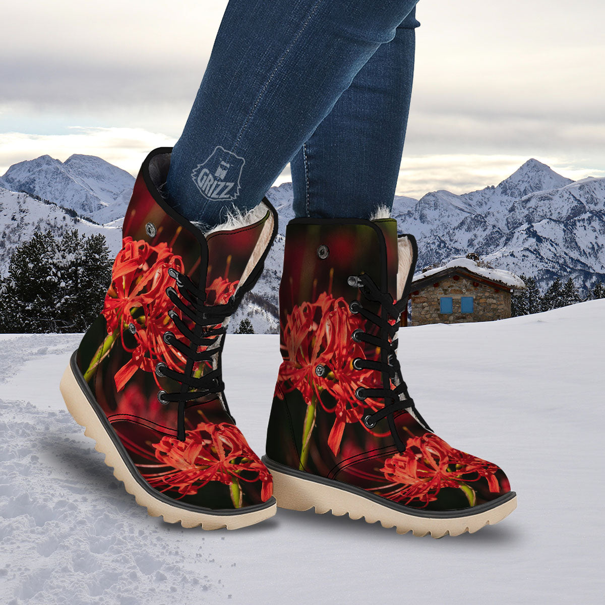 Amaryllis Red Japanese Print Snow Boots-grizzshop