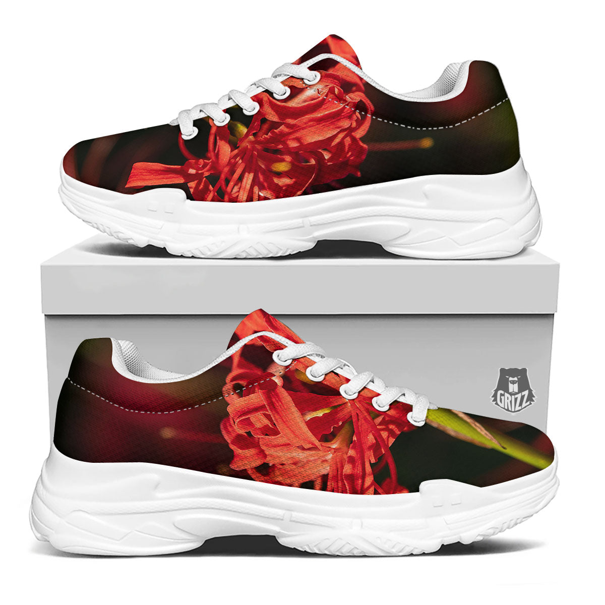 Amaryllis Red Japanese Print White Chunky Shoes-grizzshop