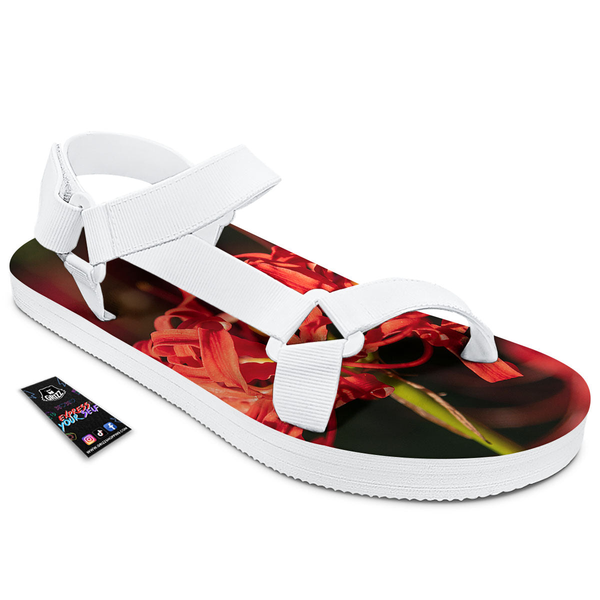 Amaryllis Red Japanese Print White Open Toe Sandals-grizzshop