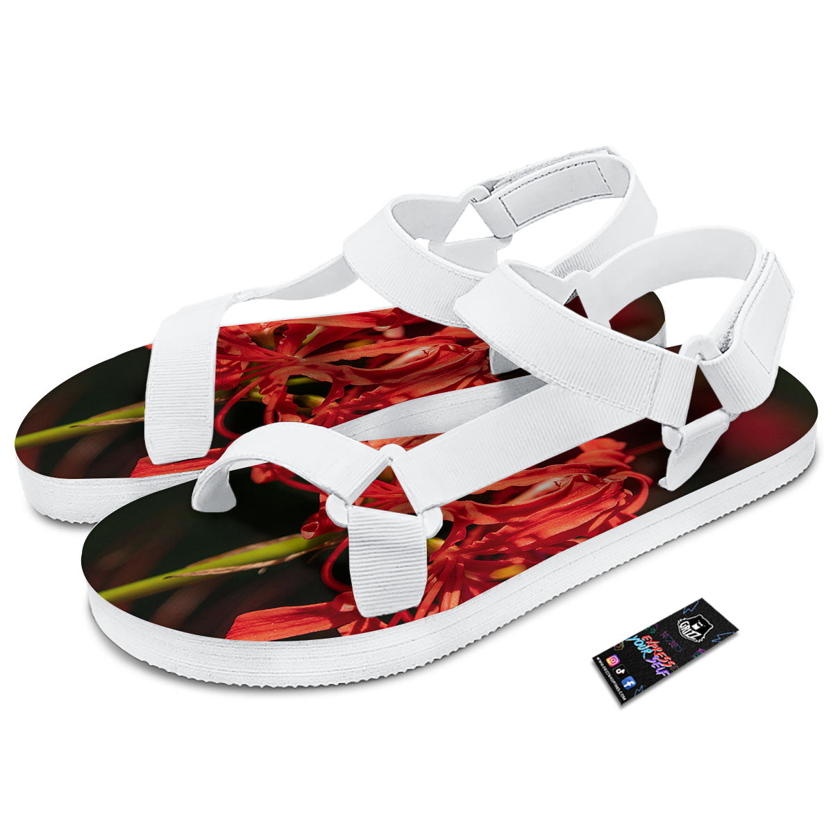 Amaryllis Red Japanese Print White Open Toe Sandals-grizzshop