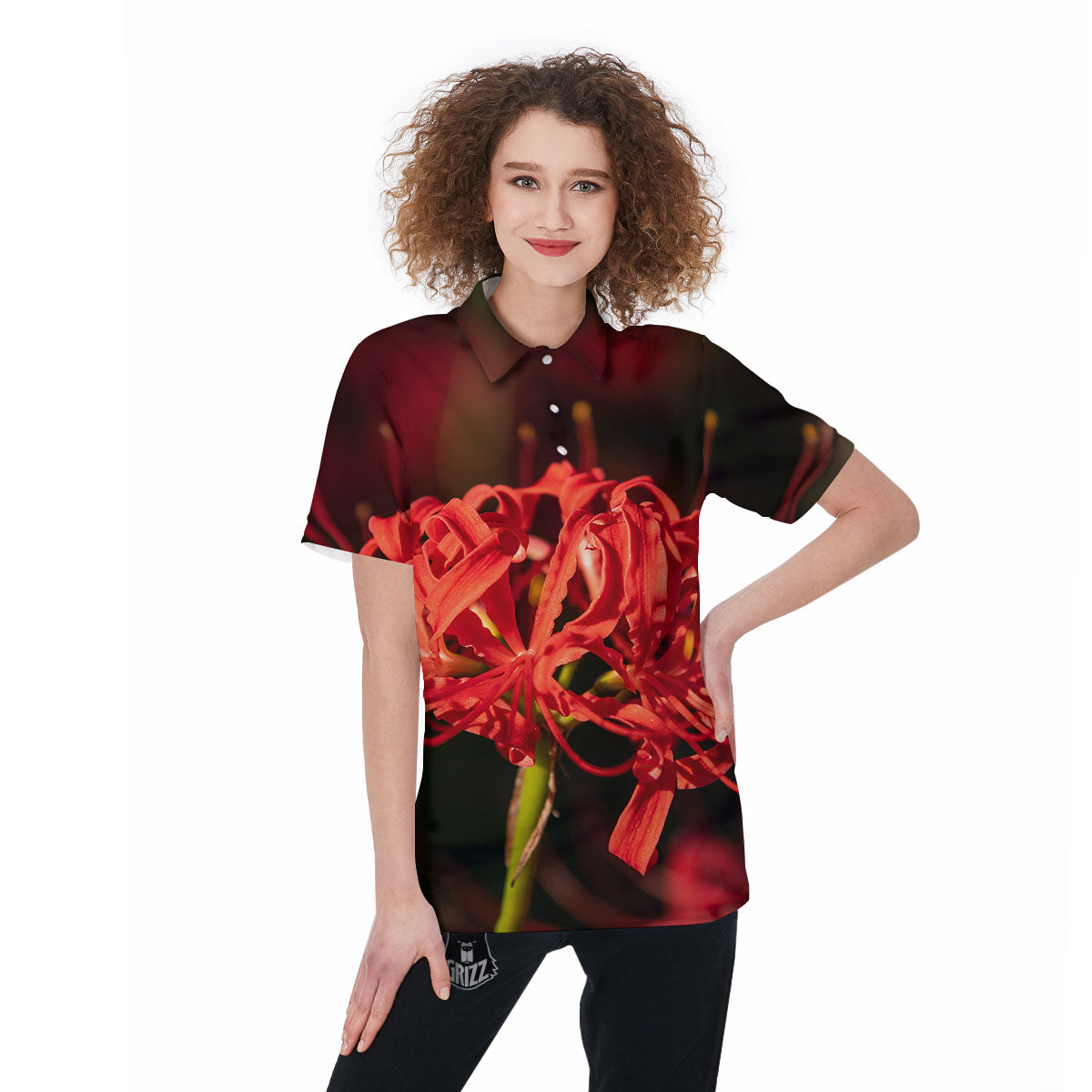 Amaryllis Red Japanese Print Women's Golf Shirts-grizzshop
