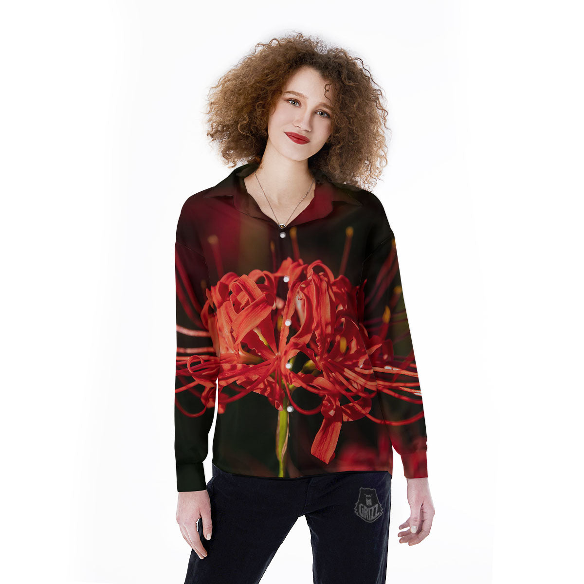 Amaryllis Red Japanese Print Women's Long Sleeve Shirts-grizzshop