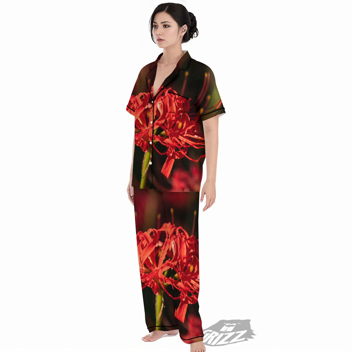 Amaryllis Red Japanese Print Women's Pajamas Set-grizzshop