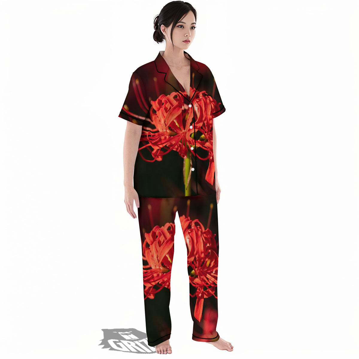 Amaryllis Red Japanese Print Women's Pajamas Set-grizzshop