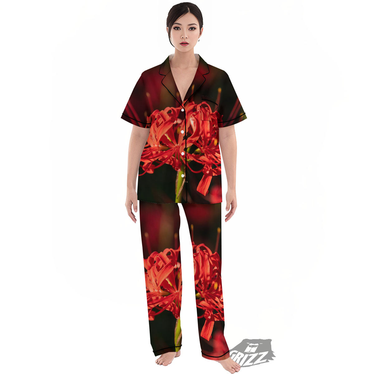 Amaryllis Red Japanese Print Women's Pajamas Set-grizzshop