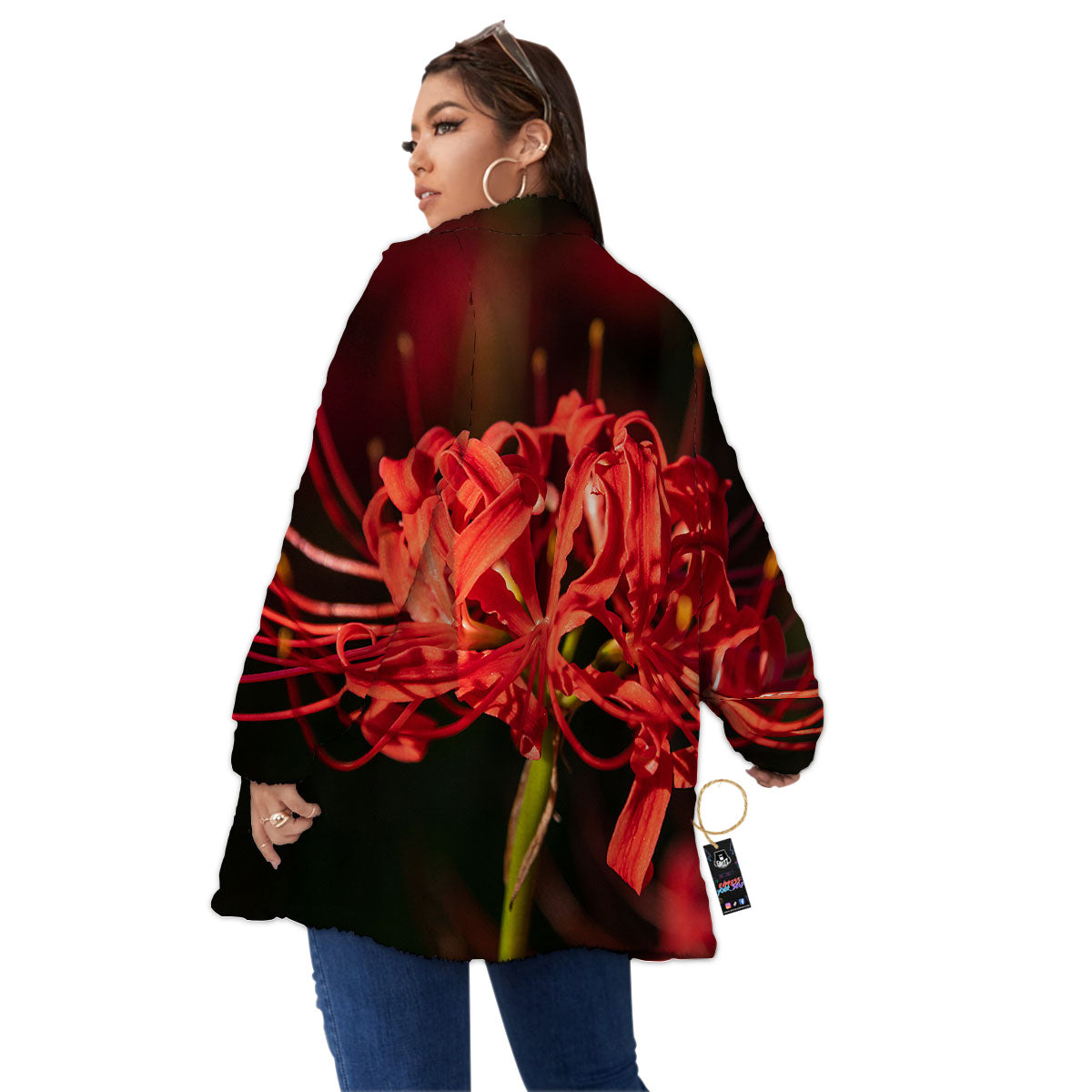 Amaryllis Red Japanese Print Women's Sherpa Jacket-grizzshop