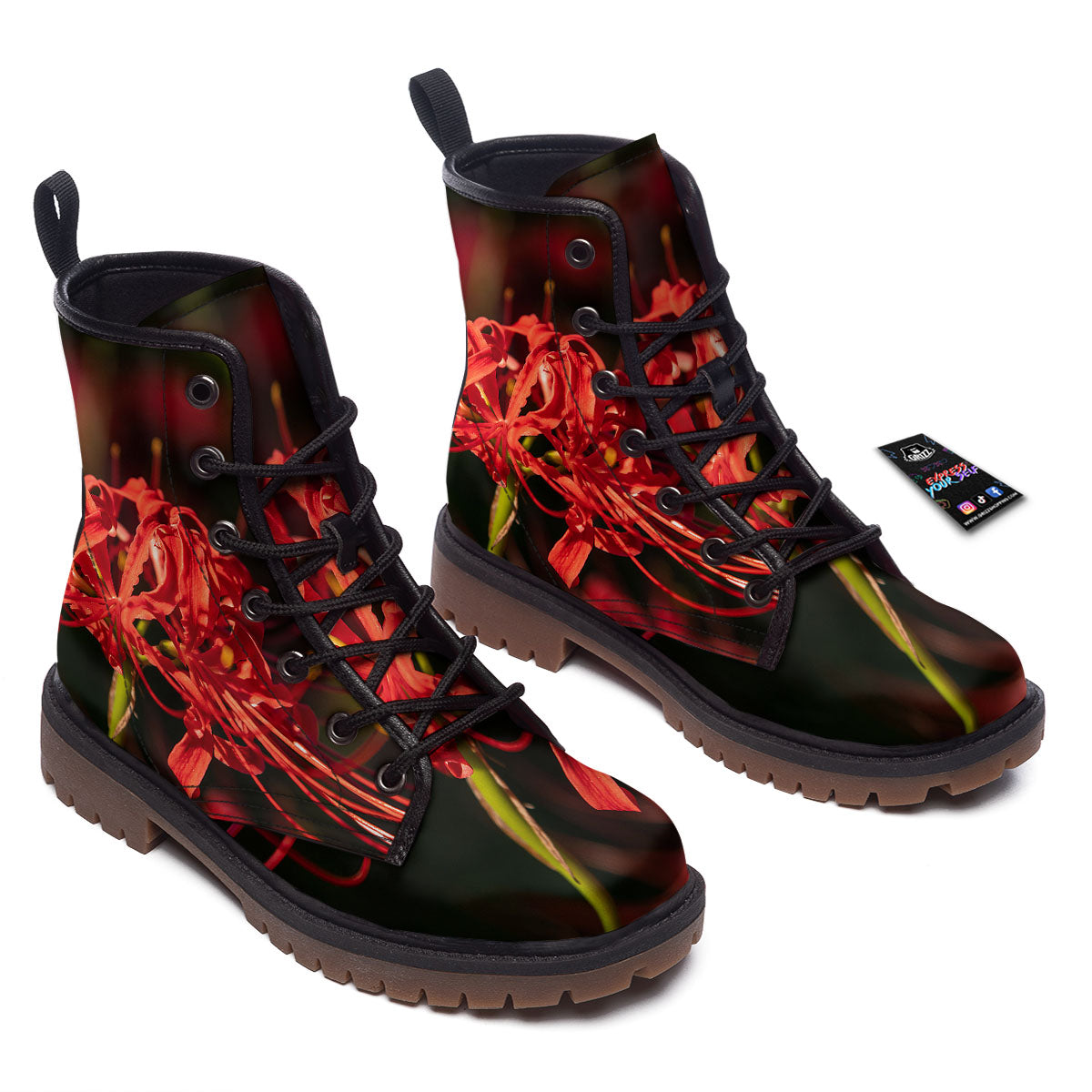 Amaryllis Red Japanese Print Work Boots-grizzshop