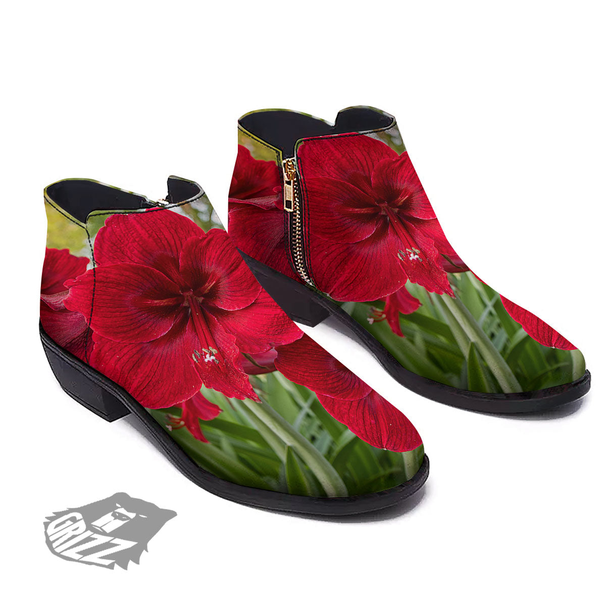 Amaryllis Red Print Ankle Boots-grizzshop